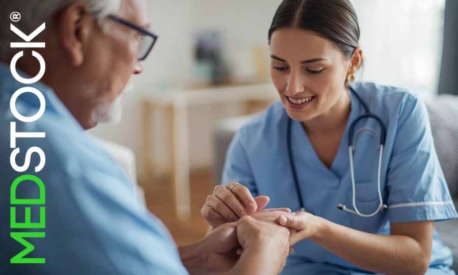 Nurse assisting an elderly gentleman with a bandage from the Medstock care range.